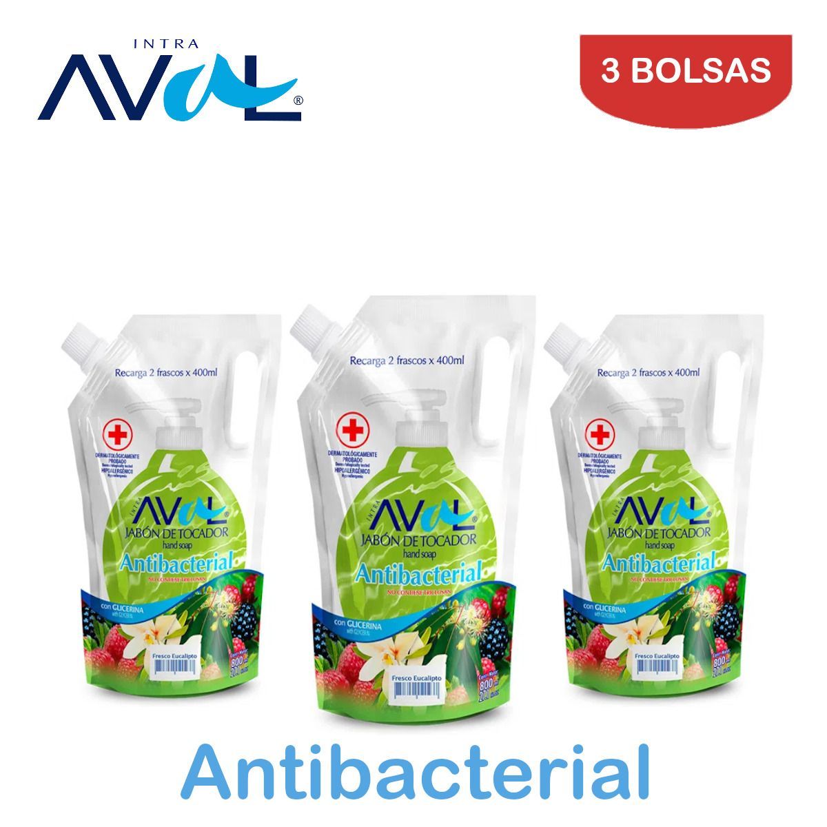 AVAL - Jabón líquido antibac. 800ml eucalipto AVAL. Pack 3 bolsas