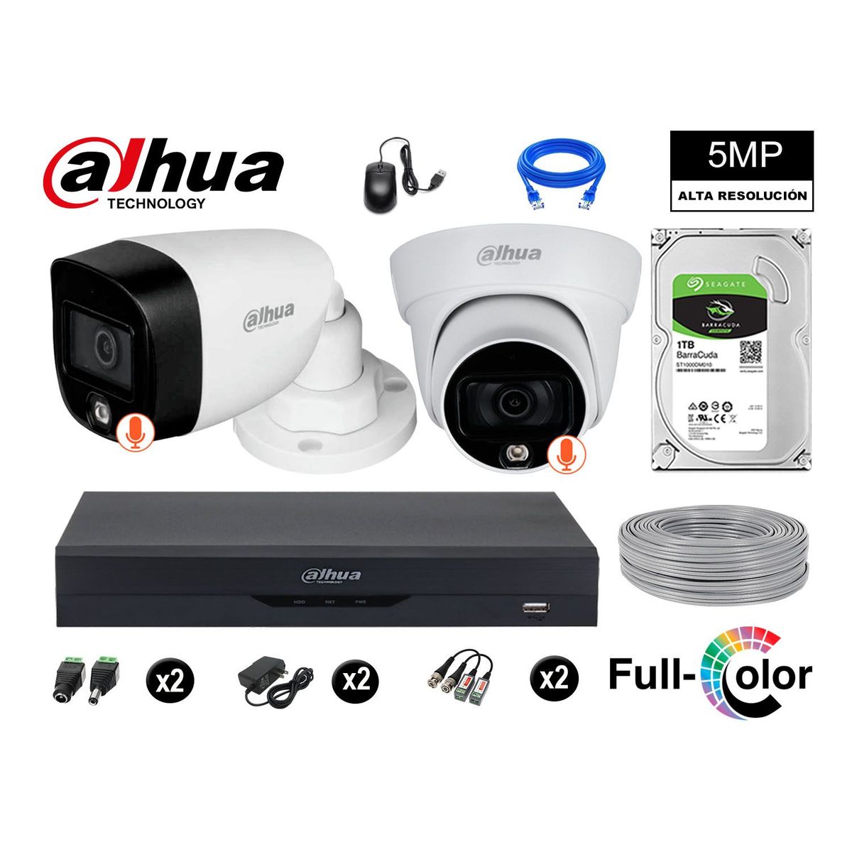 DAHUA - CÁMARAS SEGURIDAD KIT 2 5MP + DISCO 1TB VISION NOCTURNA FULL COLOR