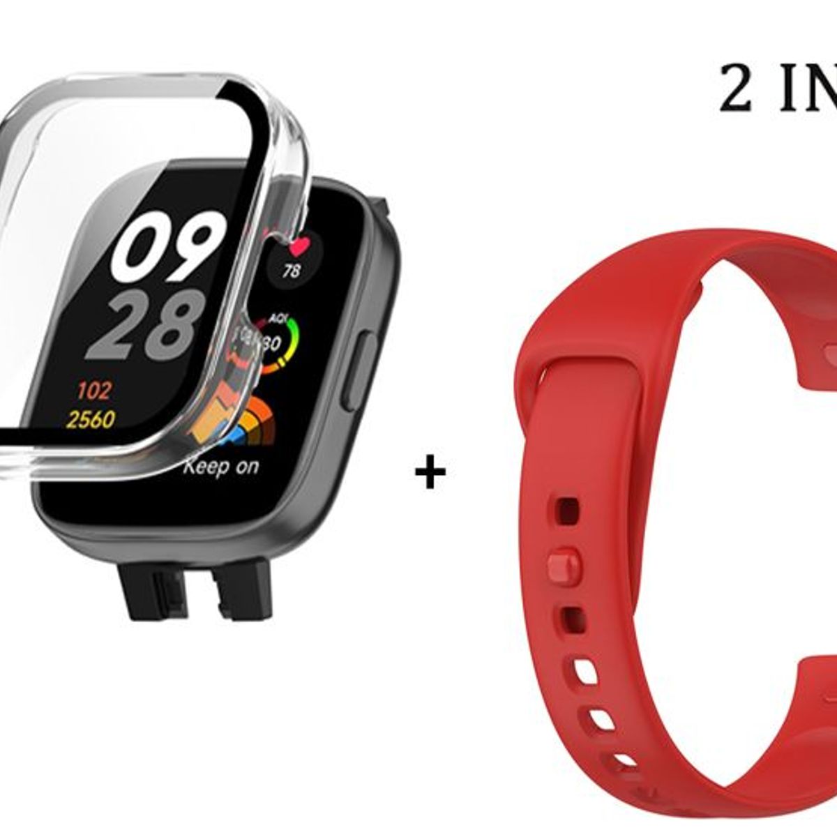 GENERICO - Bumper con Vidrio Clear  + Correa para Redmi Watch 3 - Rojo