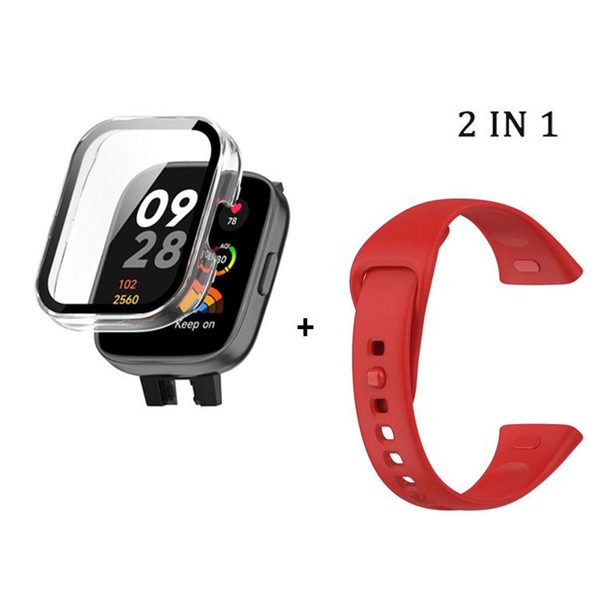 GENERICO - Bumper con Vidrio Clear  + Correa para Redmi Watch 3 - Rojo