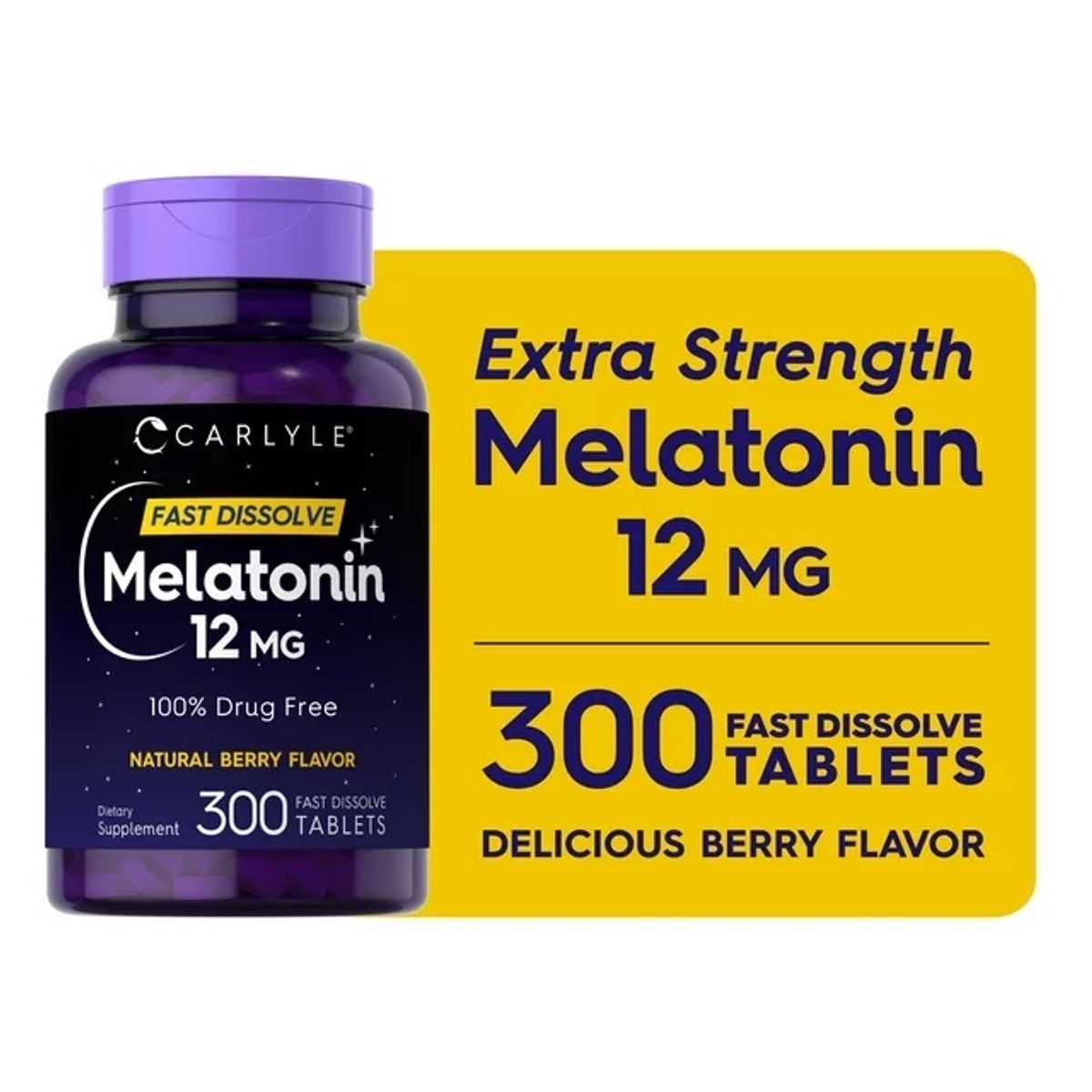 GENERICO - Carlyle Melatonina 12 mg, 300 tabs, Sabor a bayas o 600 tabs de 6mg