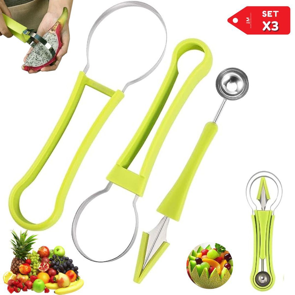 INSPIRA MARKET - Pelador cortador de frutas y verduras de acero set x3