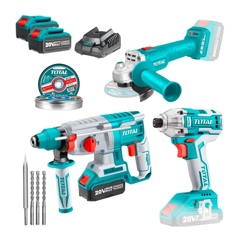 TOTAL TOOLS - COMBO ATORNILLADOR DE IMPACTO  ROTOMARTILLO  AMOLADORA ANGULAR 20V