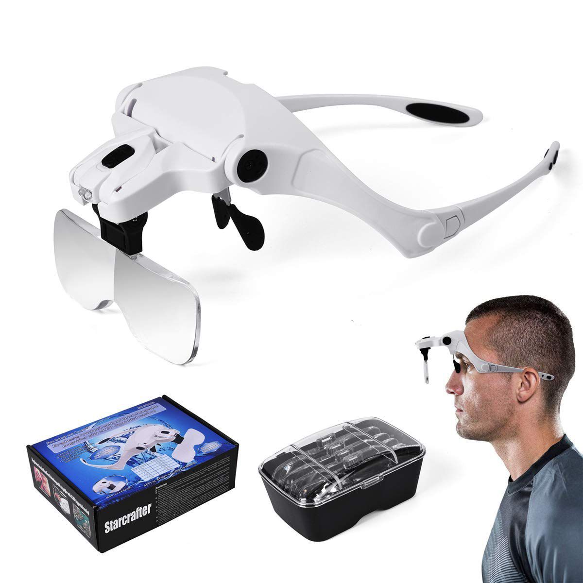 GENERICO - Lupa De Cabeza con Luz Led + 5 Lentes Intercambiables Desmontables