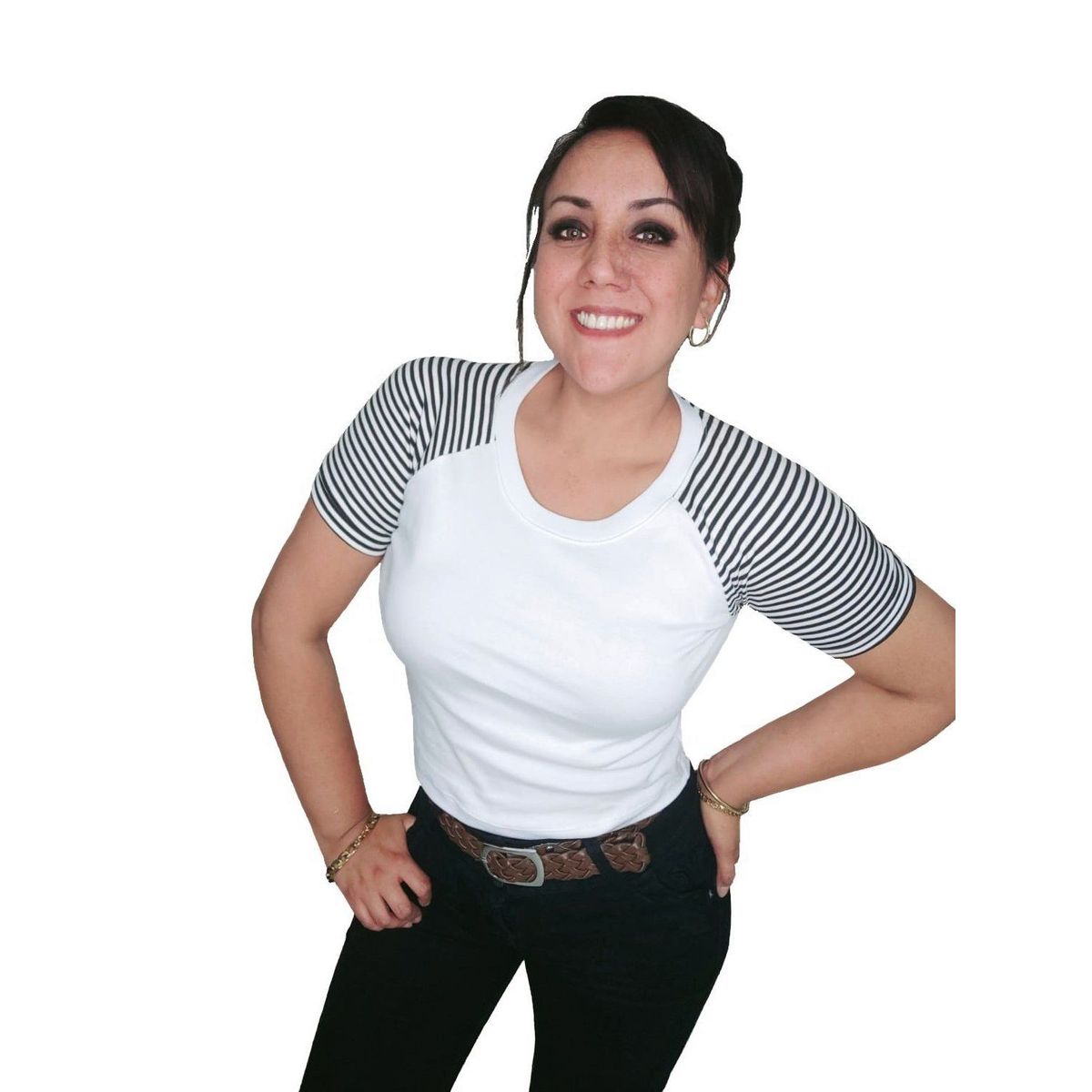 GENERICO - Polo Mujer Manga Corta Líneas Negras - Nathalie Love It - Blanco