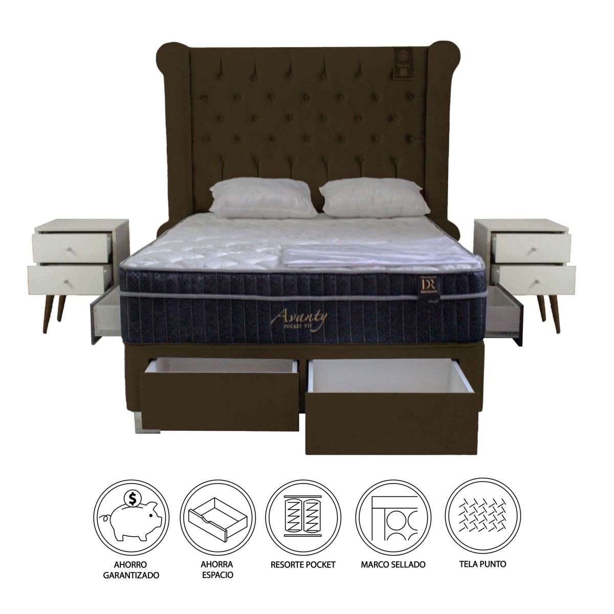 BARAKA HOME - Dormitorio Pocket VIP + 4 Cajones 2 Plz + 2 Veladores - Chocolate