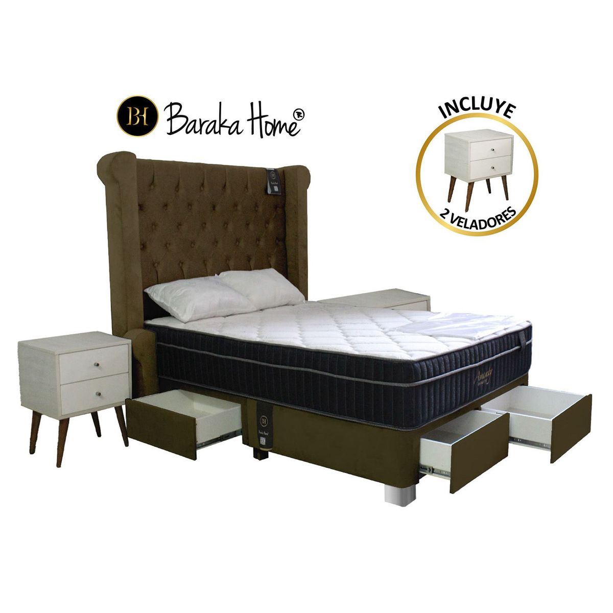 BARAKA HOME - Dormitorio Pocket VIP + 4 Cajones 2 Plz + 2 Veladores - Chocolate
