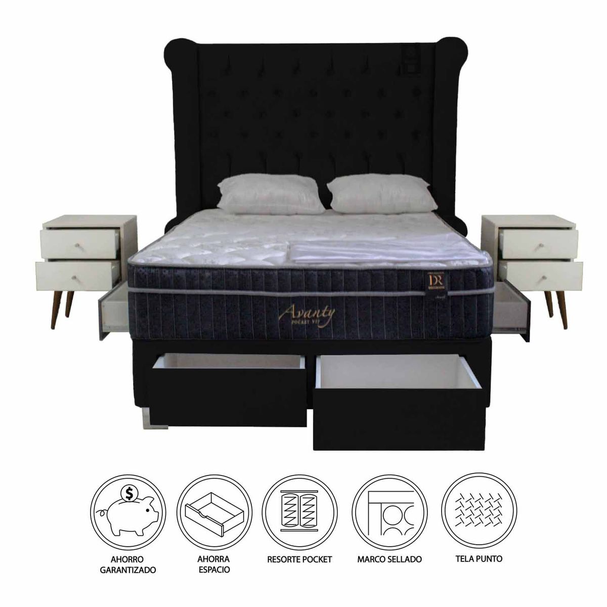 BARAKA HOME - Dormitorio Pocket VIP 4 Cajones 2 Plz + Cabecera + 2 Veladores - Negro