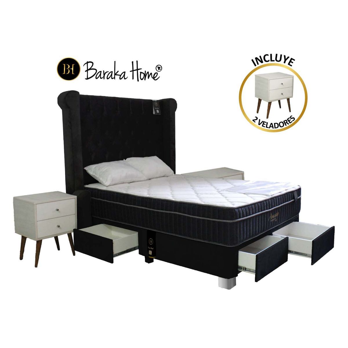 BARAKA HOME - Dormitorio Pocket VIP 4 Cajones 2 Plz + Cabecera + 2 Veladores - Negro