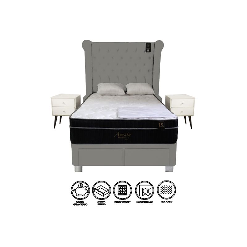 BARAKA HOME - Dormitorio Pocket VIP 4 Cajones 2 Plz + 2 Veladores - Gris Oscuro
