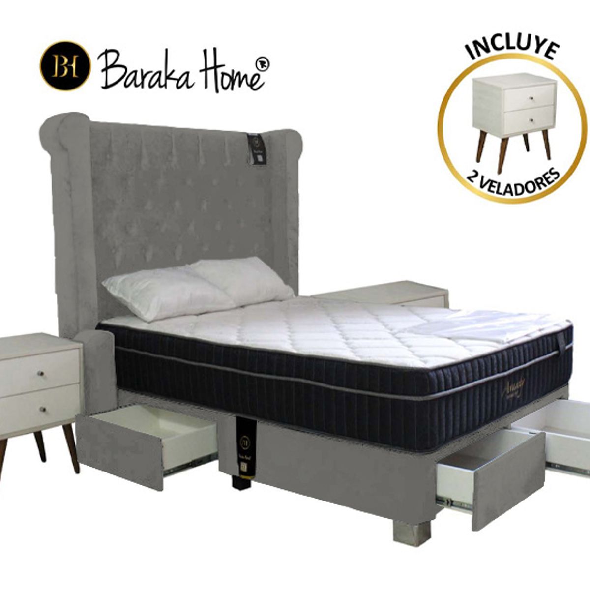 BARAKA HOME - Dormitorio Pocket VIP 4 Cajones 2 Plz + 2 Veladores - Gris Oscuro