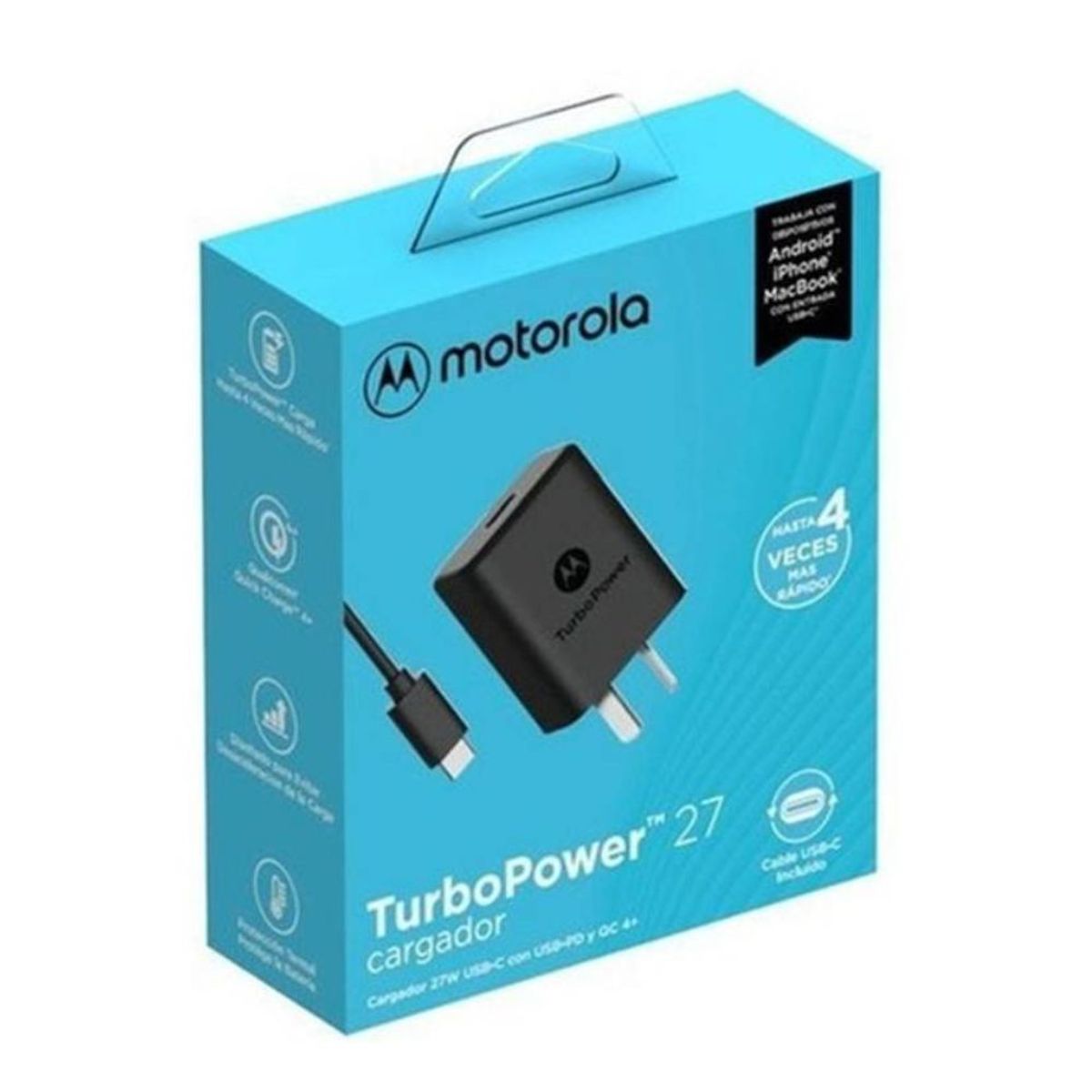 MOTOROLA - Motorola Turbo Power 27W Cargador QC 4 Tipo-C Carga Rápida - Negro