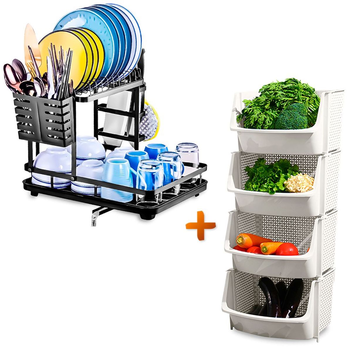 KELLER - Escurridor de Platos Organizador M20 NG Y Frutero Apilable U80 BL X4