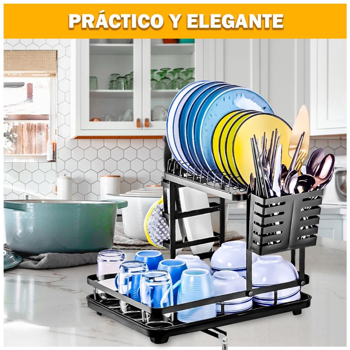 KELLER - Escurridor de Platos Organizador M20 NG Y Frutero Apilable U80 BL X4