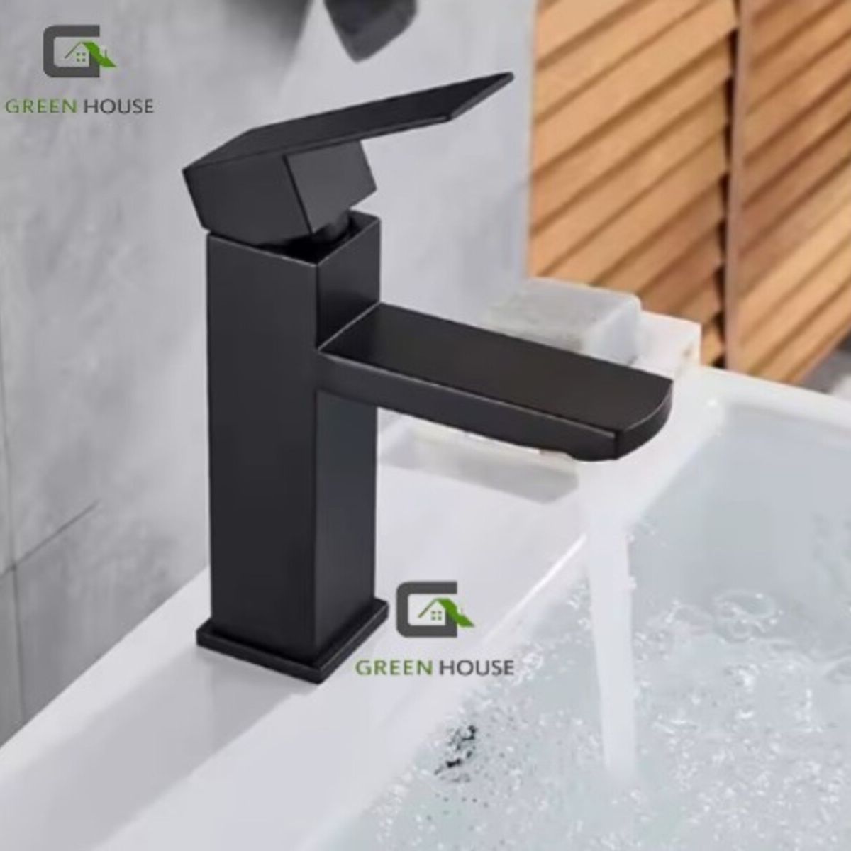 GREEN HOUSE - MEZCLADORA DE LAVATORIO MINIMALISTA CUADRADO NEGRO MATE