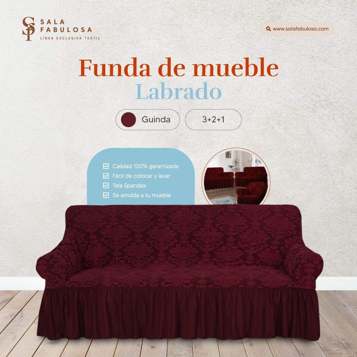 SALA FABULOSA - Funda de mueble labrado 3-2-1 Obsessed guinda Sala fabulosa