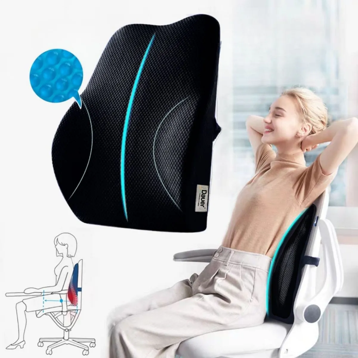 DAUER - Cojín Respaldar Lumbar Ergonómic Viscogel + Bambu Refrescante Bolsillo