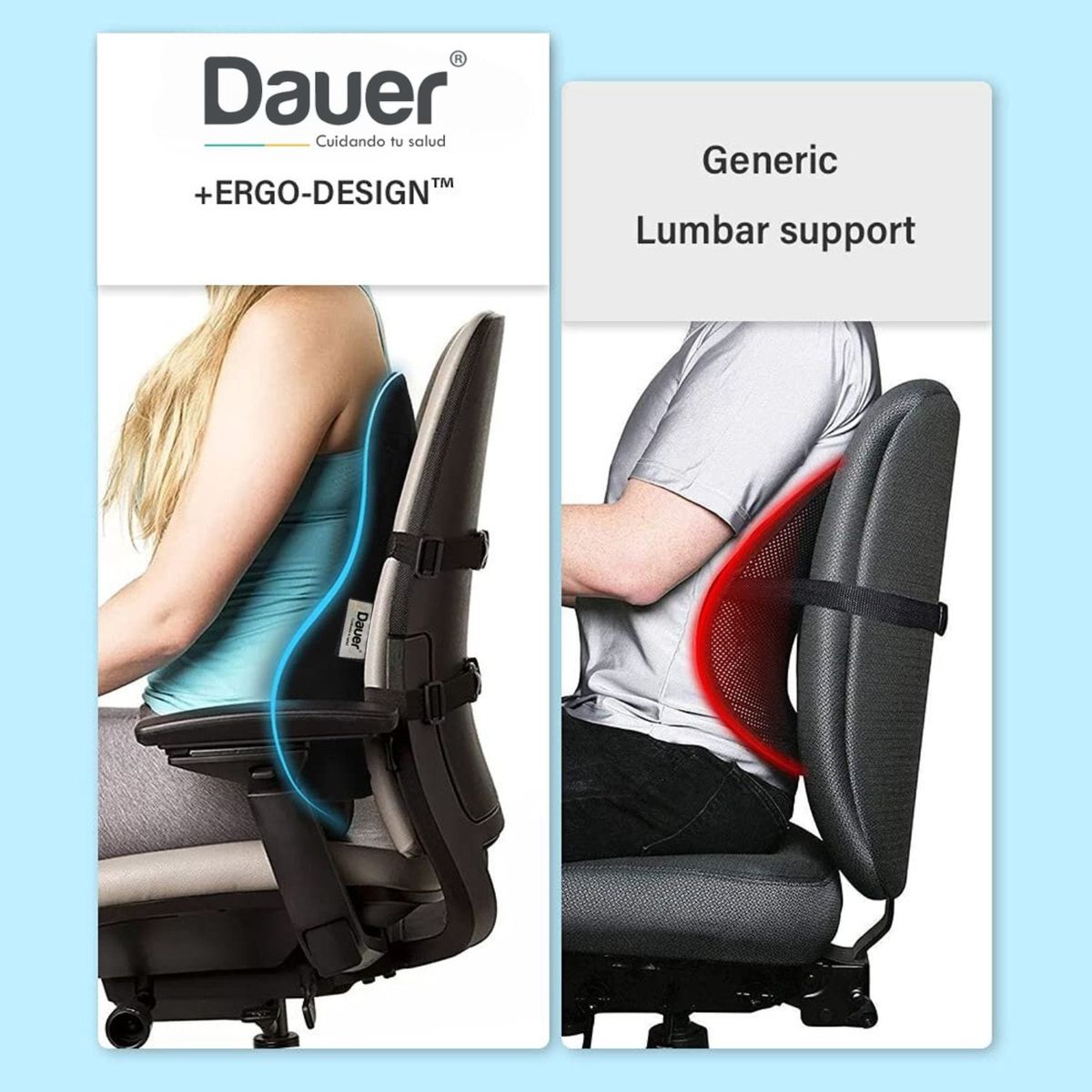 DAUER - Cojín Respaldar Lumbar Ergonómic Viscogel + Bambu Refrescante Bolsillo
