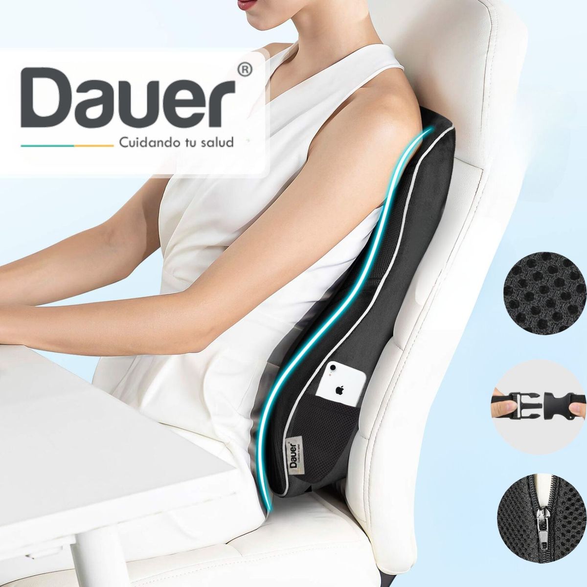 DAUER - Cojín Lumbar Respaldar Ergonómico Viscogel +Bambu con Bolsillo Lateral