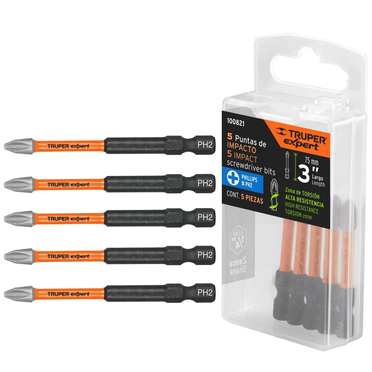 TRUPER - Juego 5 puntas de impacto para taladro atornillador, PhillipsPH2 x 3”,Truper