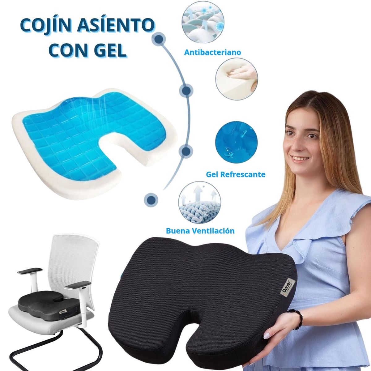 DAUER - Asiento Cojín Viscoelástico Gel + Bambu DAUER con forro negro y asa