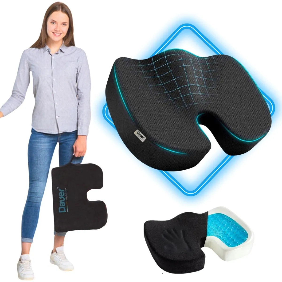 DAUER - Asiento Cojín Viscoelástico con Gel Tech + Bambu DAUER con forro y asa