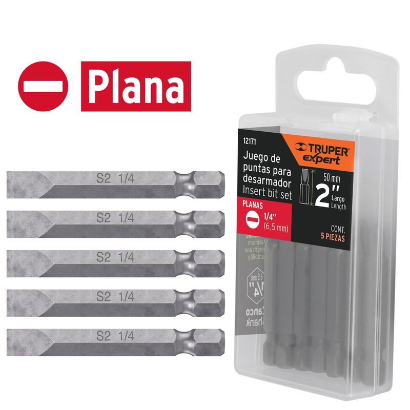 TRUPER - Juego 5 puntas planas de 1/4" largo 2" para taladro, desarmador Truper