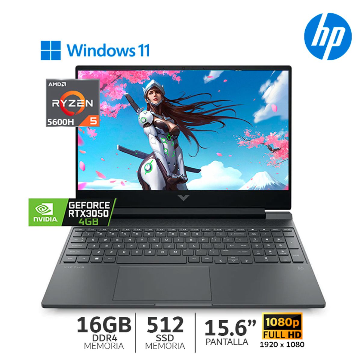 HP - HP Victus 15-FB0104la Ryzen 5-5600H-16Gb DDR4 Bus 3200-512Gb SSD-RTX 3050 4Gb GDDR6-15.6” Wind.