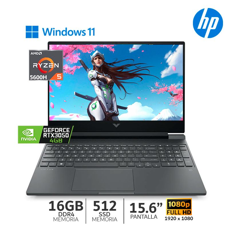 HP - HP Victus 15-FB0104la Ryzen 5-5600H-16Gb DDR4 Bus 3200-512Gb SSD-RTX 3050 4Gb GDDR6-15.6” Wind.
