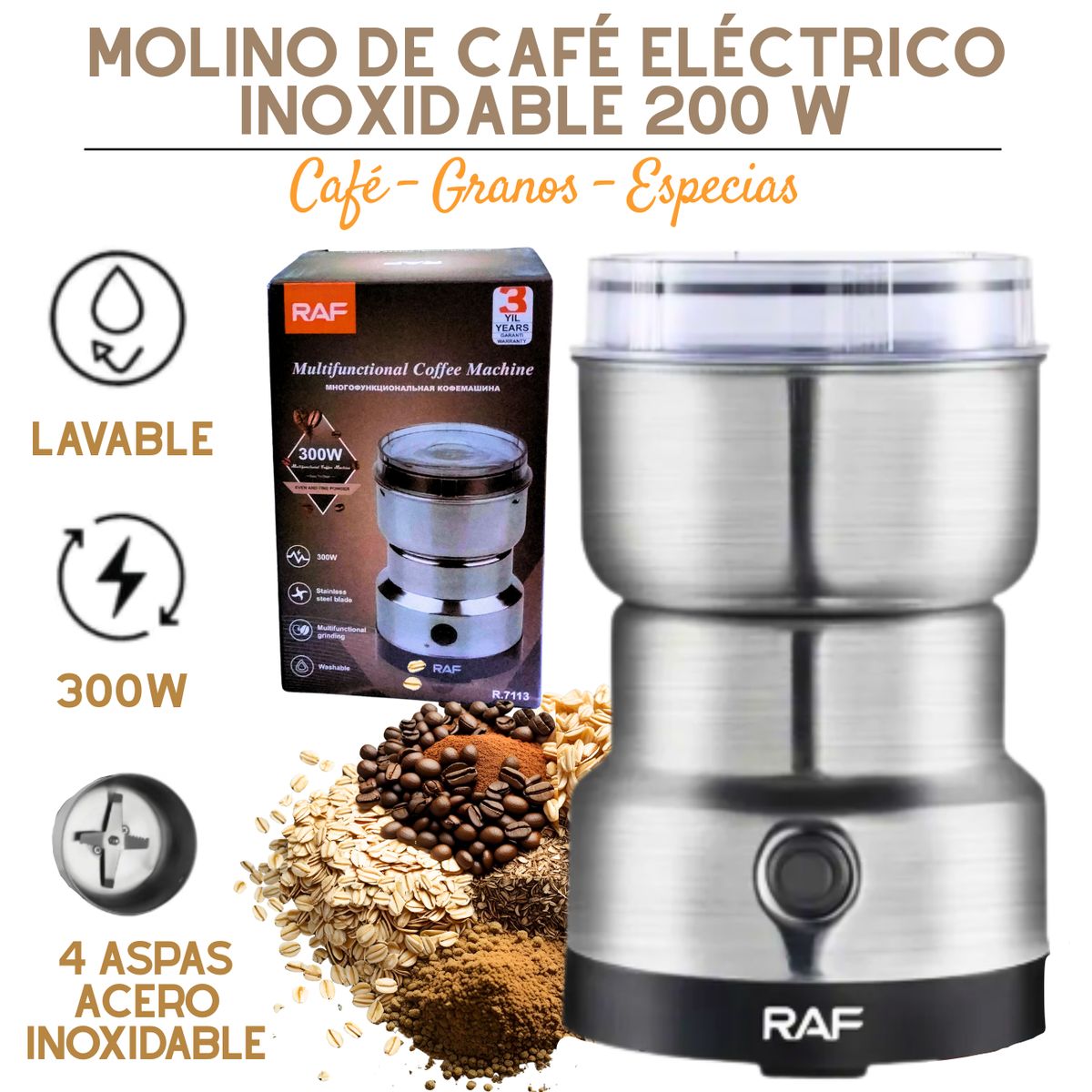 RAFF - Molino de Café Eléctrico RAF Inoxidable 200W - Granos Especias y Más