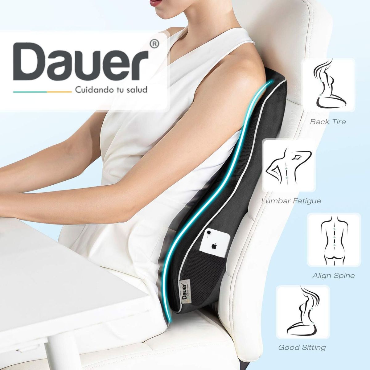 DAUER - Cojín Respaldar Lumbar DAUER Viscogel + Bambu con forro y bolsillo