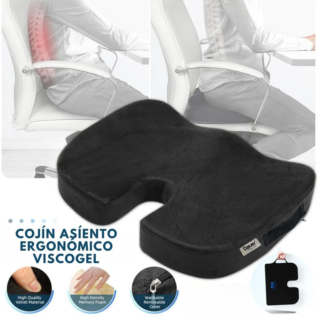 DAUER - Cojin Asiento Viscoelástico Gel + Bambu DAUER tiene forro y asa