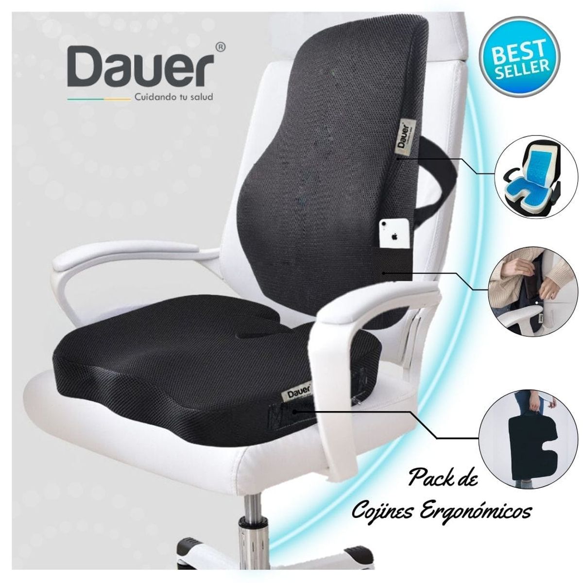 DAUER - Duo Cojines Viscoelástico Gel + Bambu DAUER incluye LUMBAR y ASIENTO
