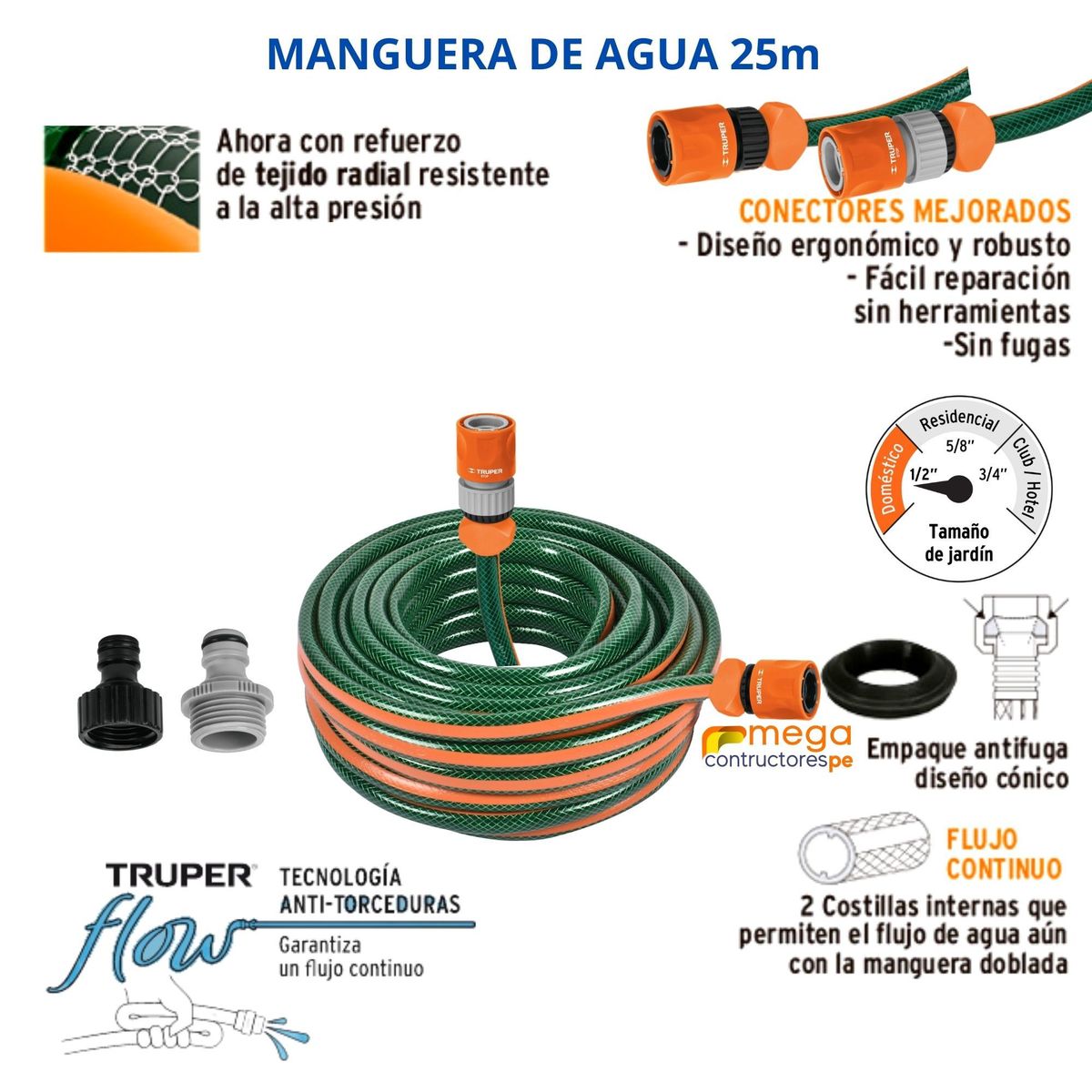 TRUPER - Manguera para hidrolavadora 25m manguera de riego conectores rápidos