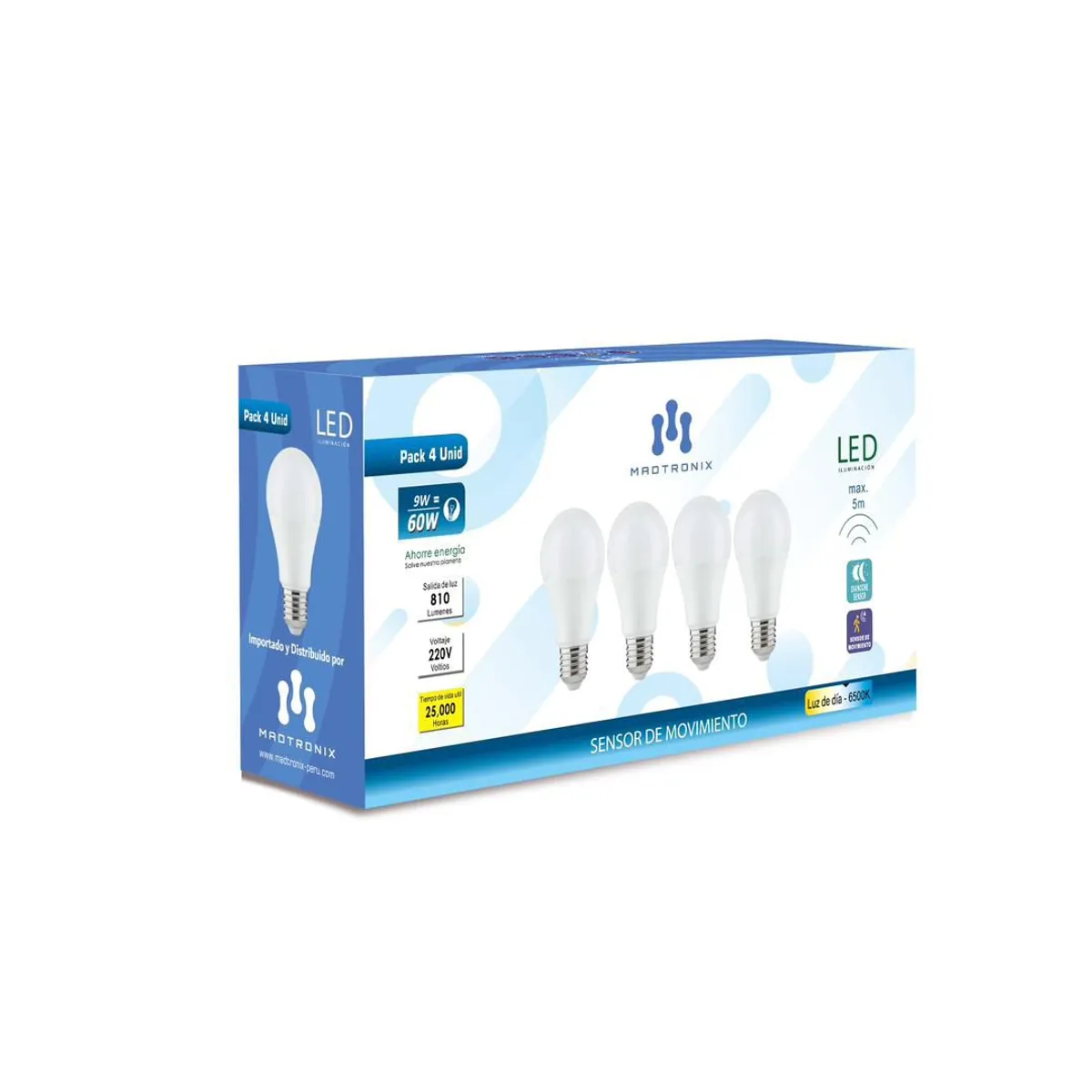 MADTRONIX - Foco Led Sensor de Movimiento Inteligente Ahorrador 9W PACK X 4