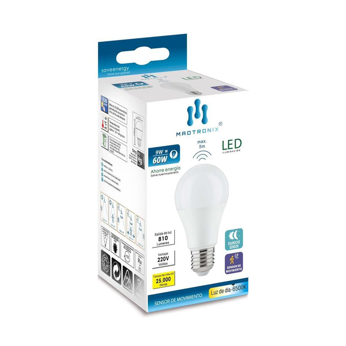 MADTRONIX - Foco Led Sensor de Movimiento Inteligente Ahorrador 9W