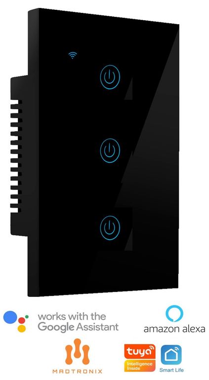 MADTRONIX - Interruptor De Luz Smart Wifi Triple Alexa y Google Sin Neutro Negro