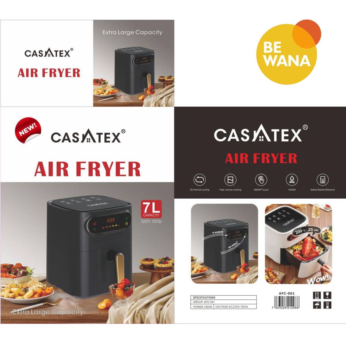 CASATEX - Freidora Aire Airfryer Digital 7 Litros Sin Aceite AFC001 Extra Grande