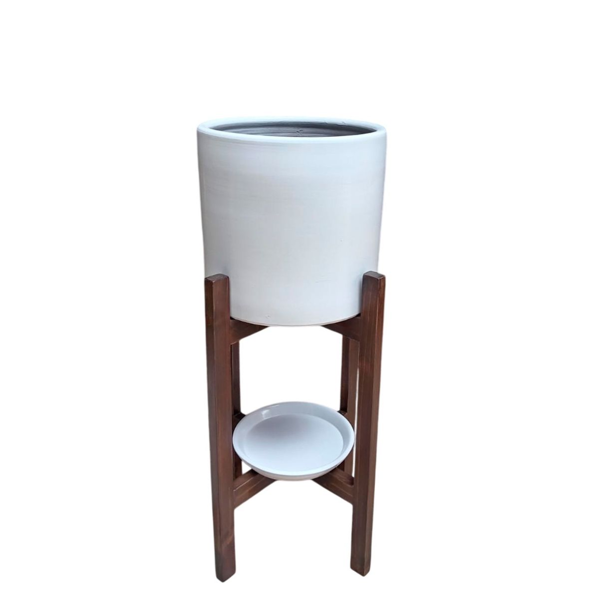 GENERICO - MACETA BLANCA Y PEDESTAL DE MADERA MARRON