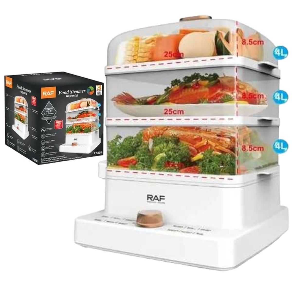 GENERICO - Vaporera Eléctrica RAF R5238 3Nivel Cocinar Vapor