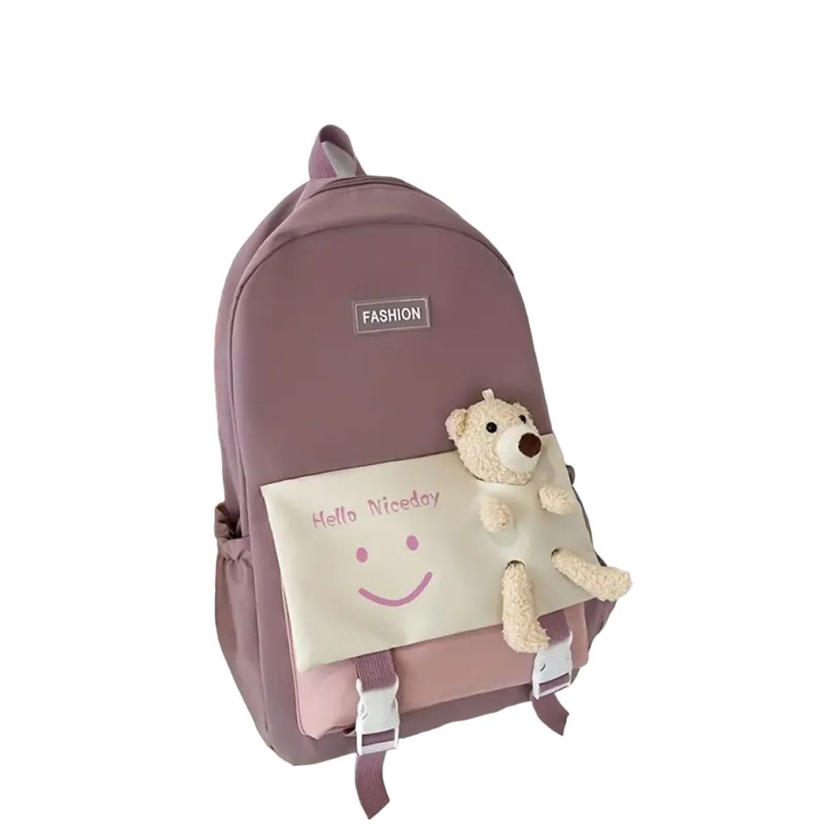 GENERICO - Mochila morado con oso de peluche múltiples de bolsillos