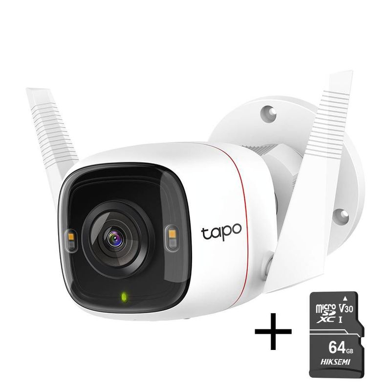 TP LINK - Cámara de Seguridad para Exteriores a Color Wi-Fi TAPO C320WS + MICROSD 64 GB