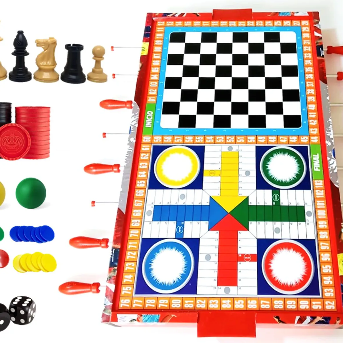 GENERICO - FULBITO DE MESA MANO REVERSIBLE MADERA - 5 JUEGOS EN 1 Rojo