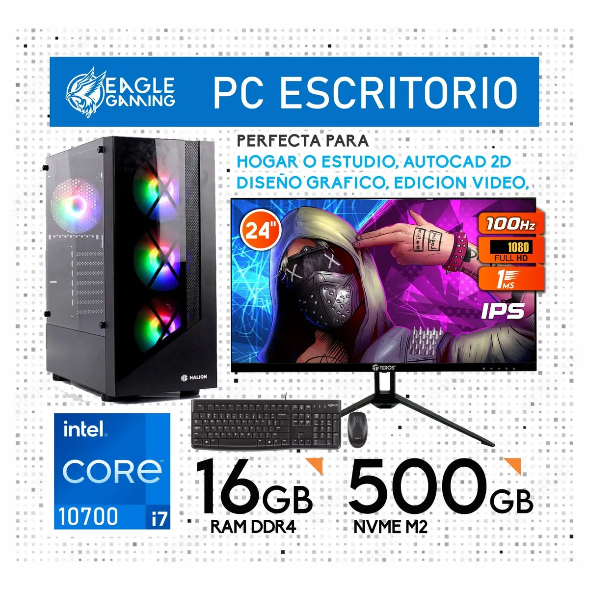 INTEL - CPU INTEL CORE I7 10700 RAM 16GB DISCO SSD m2 500GB + MONITOR 24 IPS + KIT