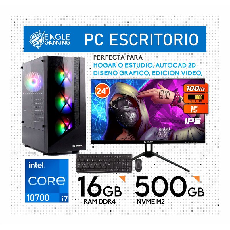 INTEL - CPU INTEL CORE I7 10700 RAM 16GB DISCO SSD m2 500GB + MONITOR 24 IPS + KIT