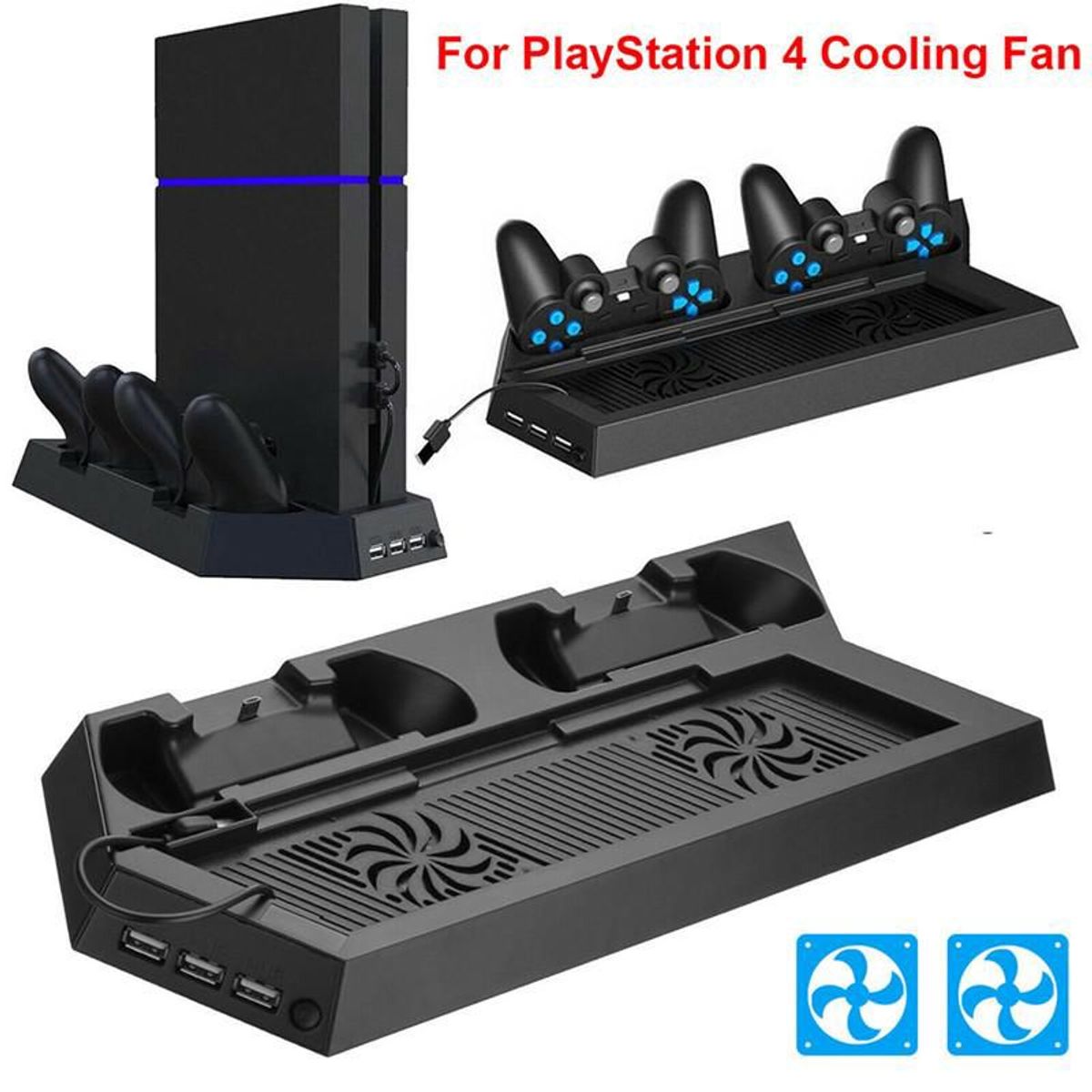 GENERICO - Base Vertical para PS4 con 2Cooler y Base para Carga de Mandos y 3USB