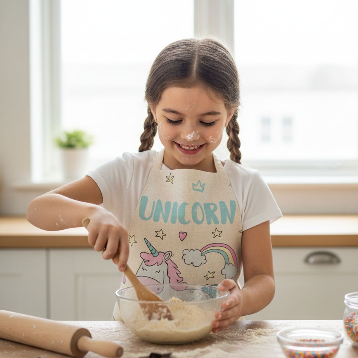 GENERICO - Mandil Delantal para Niños de Unicornio con Estrellas y Corazones