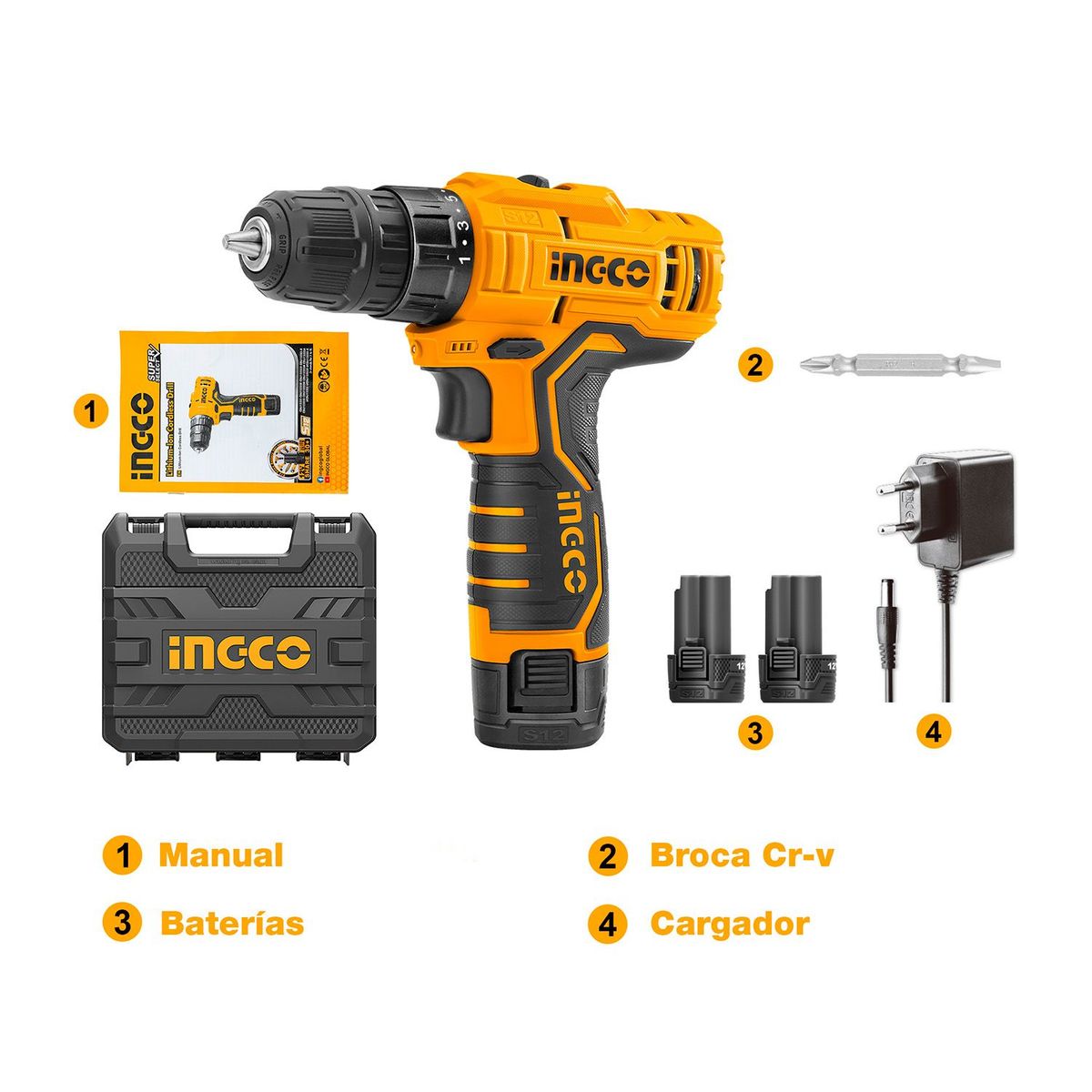 INGCO TOOLS - TALADRO ATORNILLADOR 12V INALÁMBRICO  BATERÍAS Y CARGADOR - CDLI12325