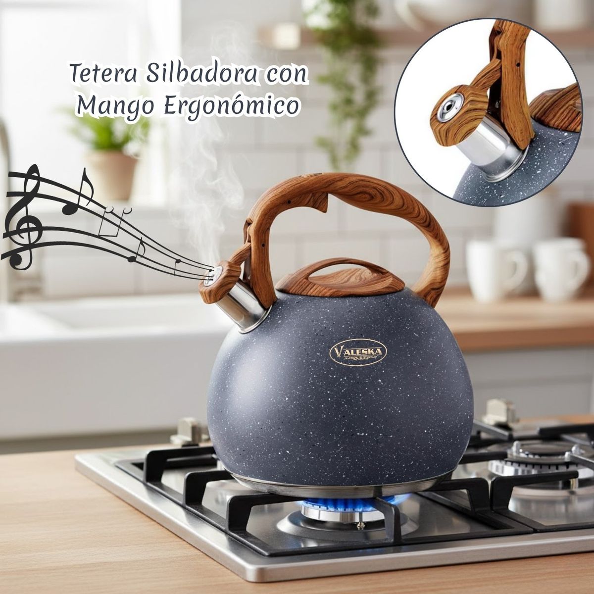 VALESKA - Tetera Valeska Estilo Roca Volcánica con Silbato 5L Plomo