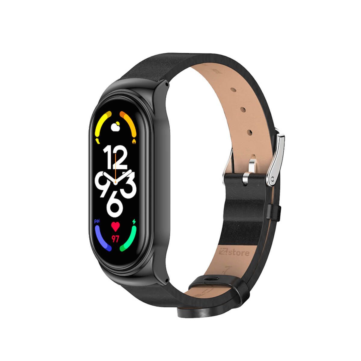 GENERICO - Correa de Cuero Compatible Con Xiaomi Mi Band 6 Metal Negro-Black